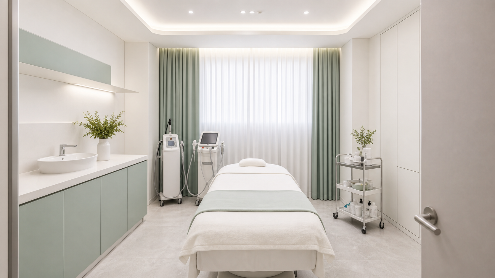 청결한 화이트 민트 톤의 피부과 시술실